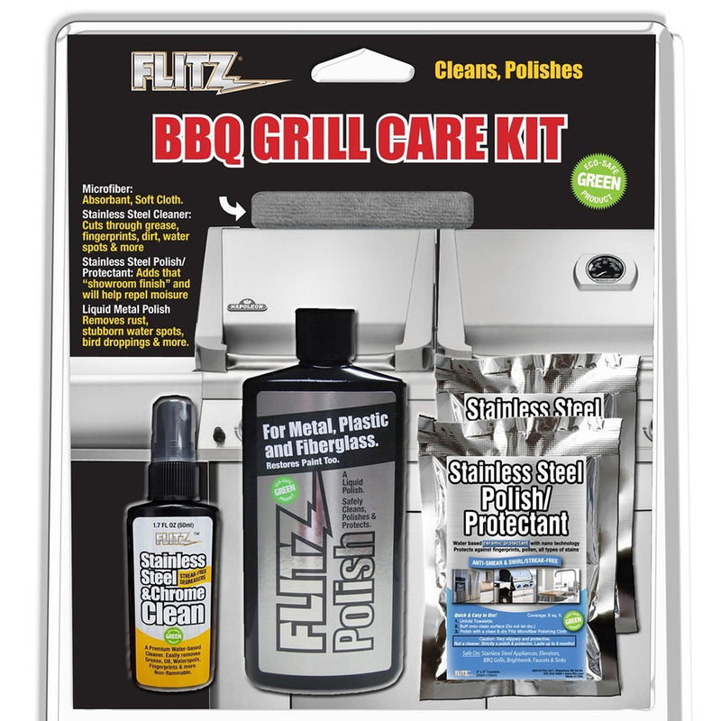 Flitz BBQ Grill Care Kit w-Liquid Metal Polish, Stainless Steel Cleaner, Stainless Steel Polish-Protectant Towelettes & Microfiber Cloth