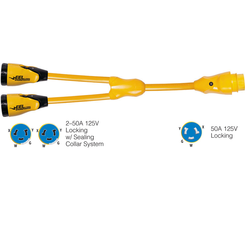 Marinco Y504-2-504 EEL (2)50A-125-250V Female to (1)50A-125-250V Male "Y" Adapter - Yellow