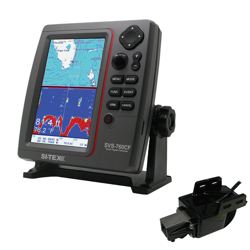 SI-TEX SVS-760CF Dual Frequency Chartplotter Sounder w-Navionics+ Flexible Coverage & Transom Mount Triducer