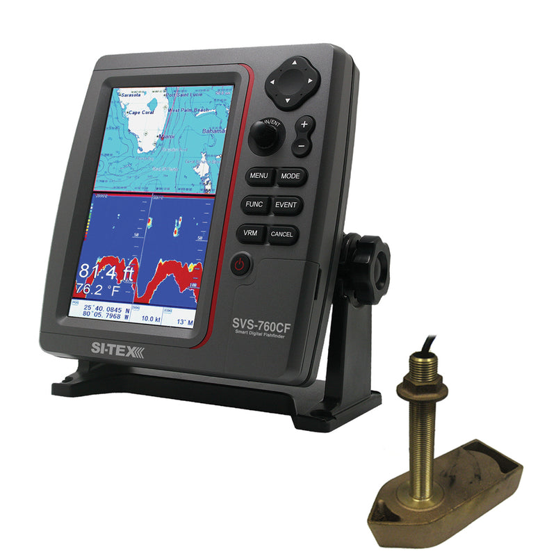 SI-TEX SVS-760CF Dual Frequency Chartplotter-Sounder w- Navionics+ Flexible Coverage & 307-50-200T 8P Transducer