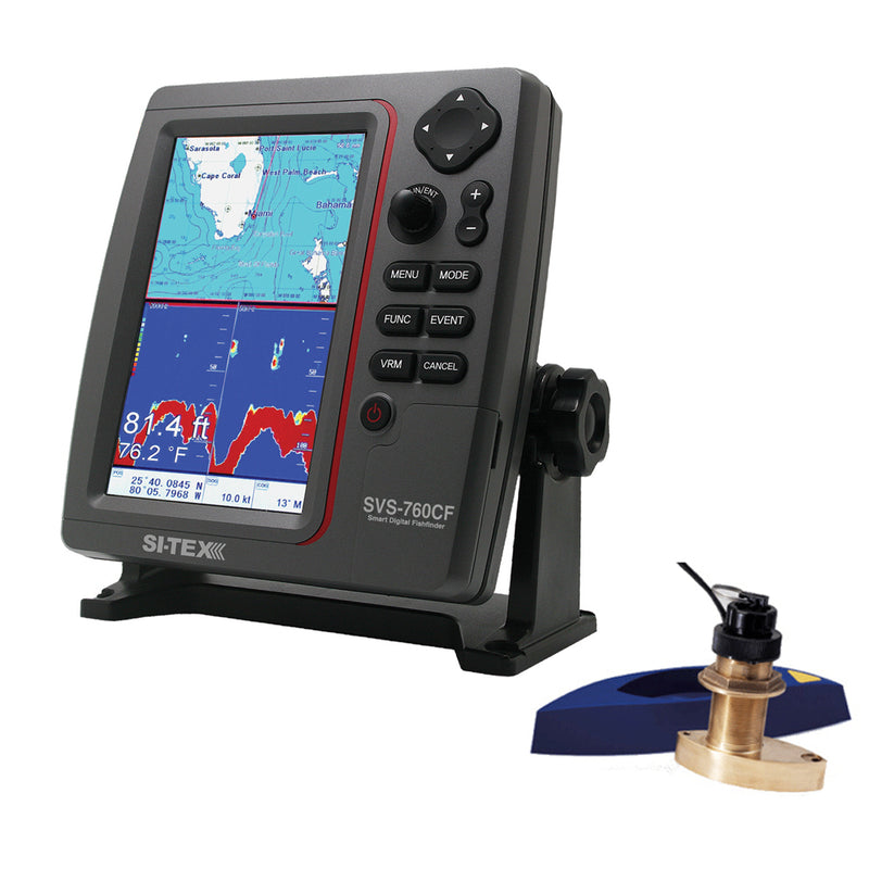 SI-TEX SVS-760CF Dual Frequency Chartplotter-Sounder w- Navionics+ Flexible Coverage & Bronze Thru-Hull Triducer