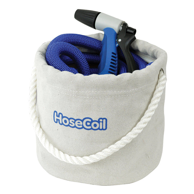 HoseCoil Canvas Bucket w-75' Expandable Hose, Rubber Tip Nozzle & Quick Release