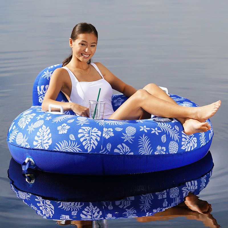 Aqua Leisure Supreme Lake Tube Hibiscus Pineapple Royal Blue w-Docking Attachment