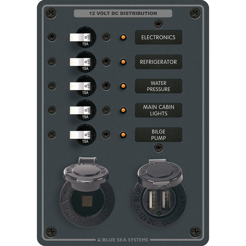 Blue Sea 8120 Breaker Panel 5 Position w-DC Socket & Dual USB